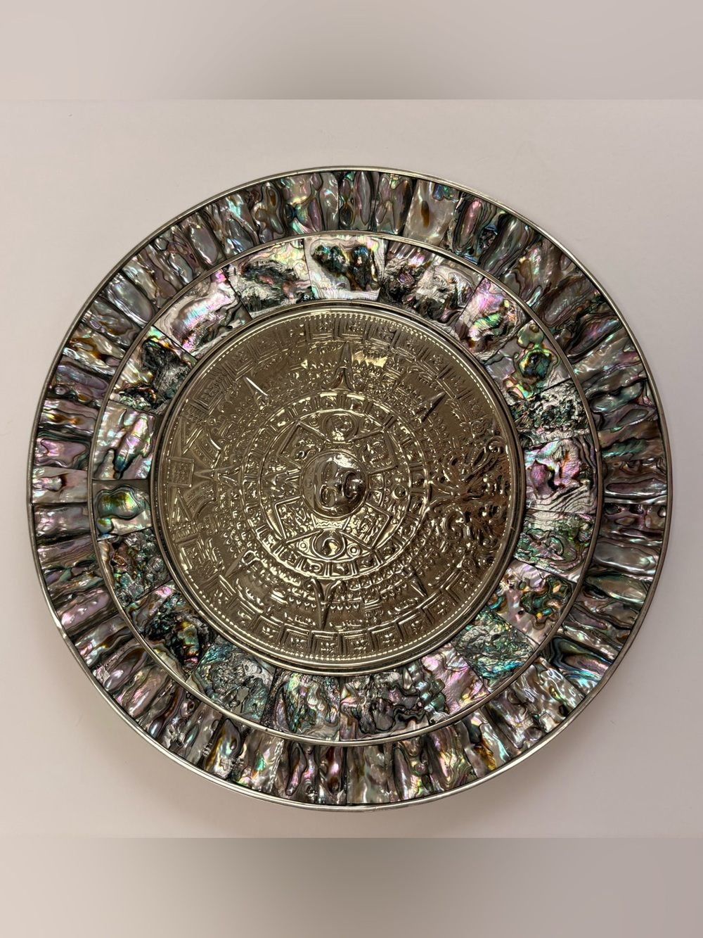 🌊 Vintage Abalone Shell Aztec Calendar Wall Plaque – 12" Mexican Folk Art Decor